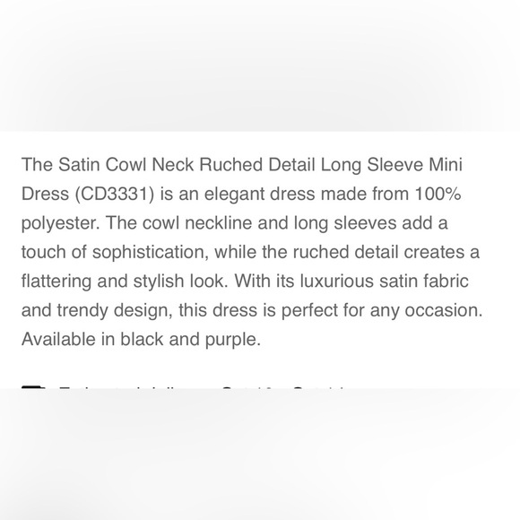 Satin cowl neck rouched detail long sleeve mini black dress. NWT. - Picture 5 of 6